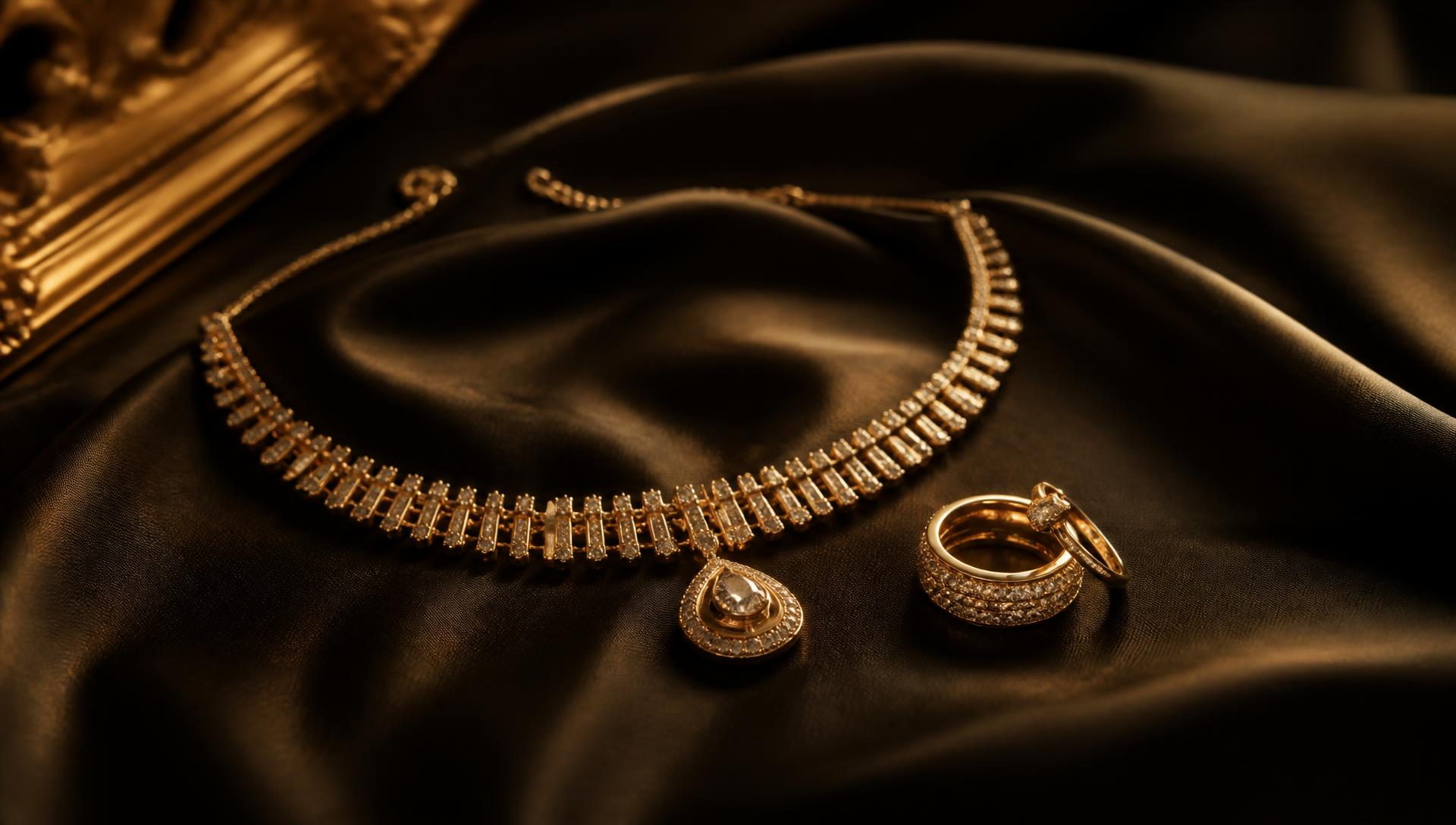 Joyería de oro sobre seda negra